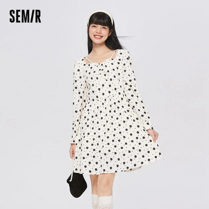 Dress Women Texture Fungus Edge Floral Dresses Temperament  Autumn New Waist Square Collar Dress