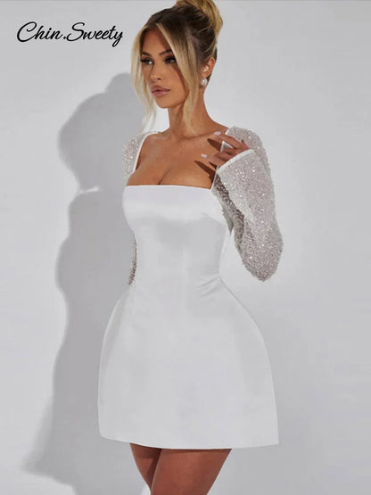 Elegant White A-Line Square Collar Short Dress Women Sexy Lace Satin Patchwork Long Sleeve Dresses New Party Club Outfits 2025