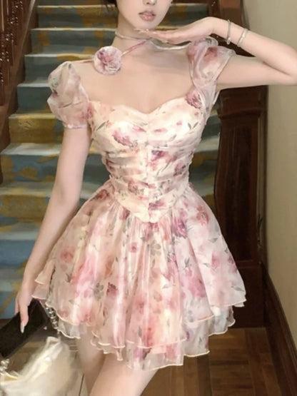 Elegante vestido corto floral de princesa para mujer, Y2K, con mangas abullonadas, espalda descubierta, estampado con volantes, corte en A, moda coreana, vestido de una pieza