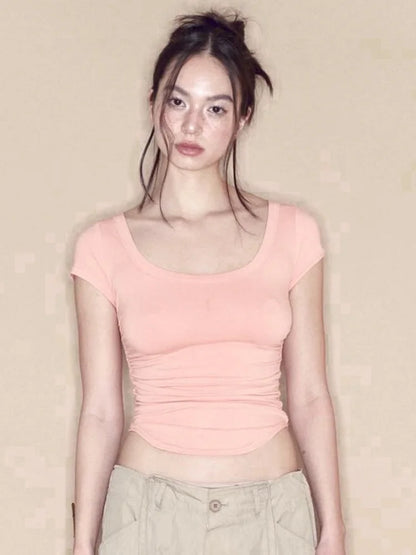 Solid T Shirts For Women Clothes Shirred Crop Top Short Sleeve Ropa De Mujer Skinny Y2k Accessories Camisetas Casual Outfits