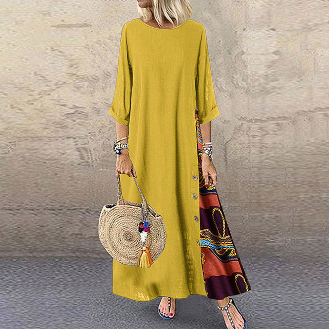 Vestidos largos vintage de lino y algodón para mujer, mangas tres cuartos, estampado empalmado, holgados, línea A, moda informal, maxivestido para mujer