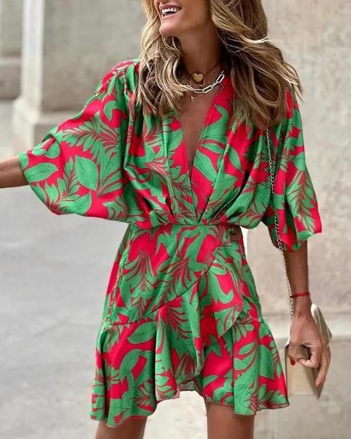 Summer Irregular Mini Dress Fashion Print Casual Elegant Bohemia Sundress Bat Sleeve Ruffles Vestidos Elegant Dresses For Women