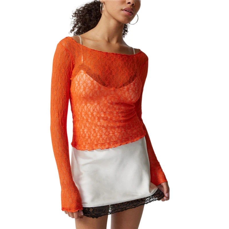 Lace Crop Tops for Women y2k Sheer See Through Round Neck Long Sleeve Ruched T Shirt 2000s Clothing Party Clubwear
