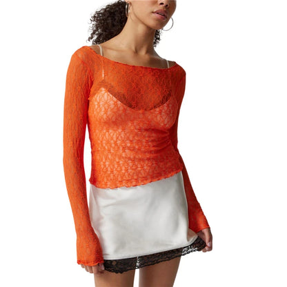 Lace Crop Tops for Women y2k Sheer See Through Round Neck Long Sleeve Ruched T Shirt 2000s Clothing Party Clubwear