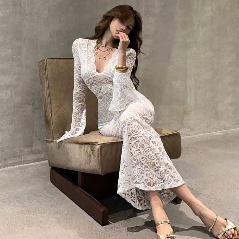 Vestidos largos de encaje ajustados y sexys para mujer, con escote en V y mangas acampanadas, vestido de sirena ajustado para fiesta de noche, club, graduación, vestidos para mujer