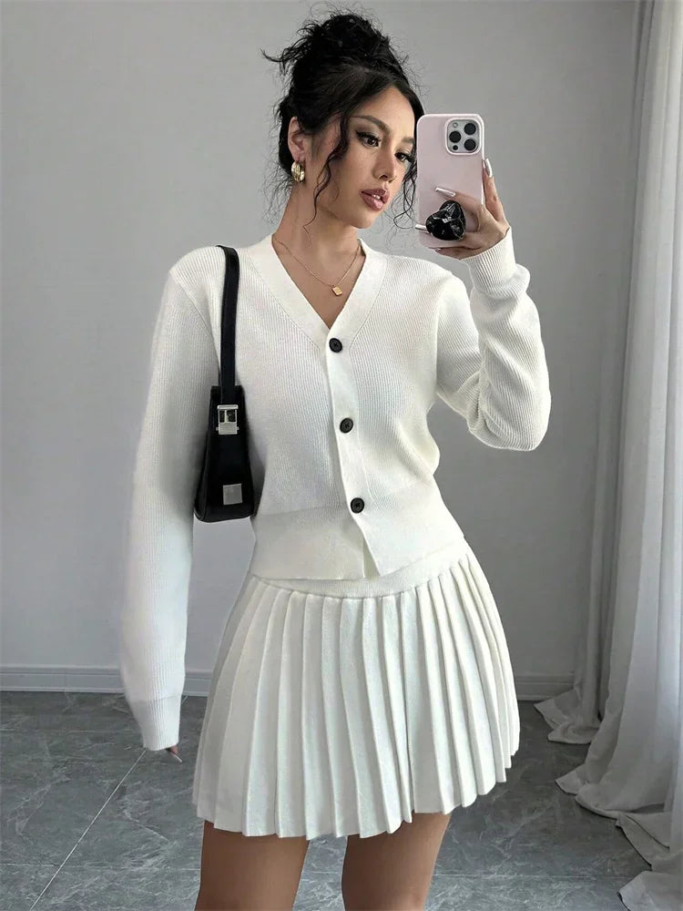 Vintage Female Knit 2 Piece-Set Pleated Skirts Casual Ribbed Cardigan Sweater And Skirt Sets Female Knitwear Outfits