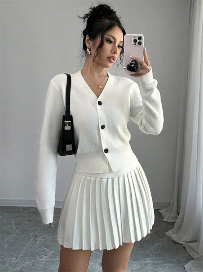 Vintage Female Knit 2 Piece-Set Pleated Skirts Casual Ribbed Cardigan Sweater And Skirt Sets Female Knitwear Outfits