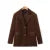 Blazer de pana con muescas estilo Maillard, color café, cintura alta, abertura frontal, falda ajustada, conjunto de 2 piezas