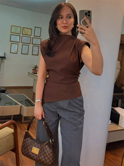Spring Female Casual T-shirt Top Sleeveless Slim High Waist Cropped Solid Streetwear Y2k Top Women’s Patchwork Tee 2025