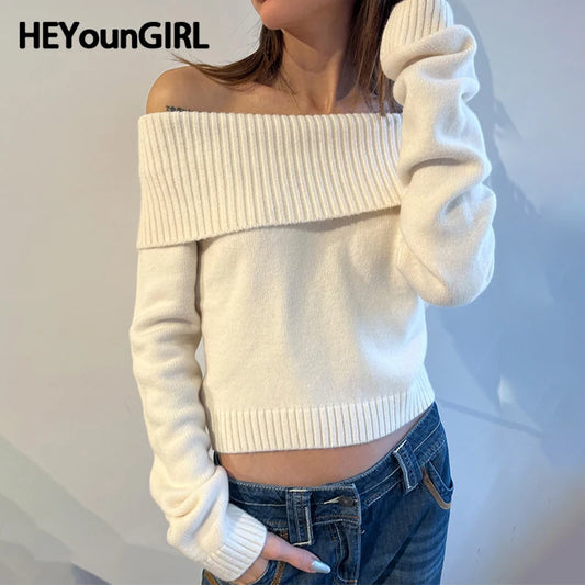 Suéter de mujer con hombros descubiertos de color liso, jersey de punto de manga larga minimalista, jerseys casuales de moda de invierno para calle