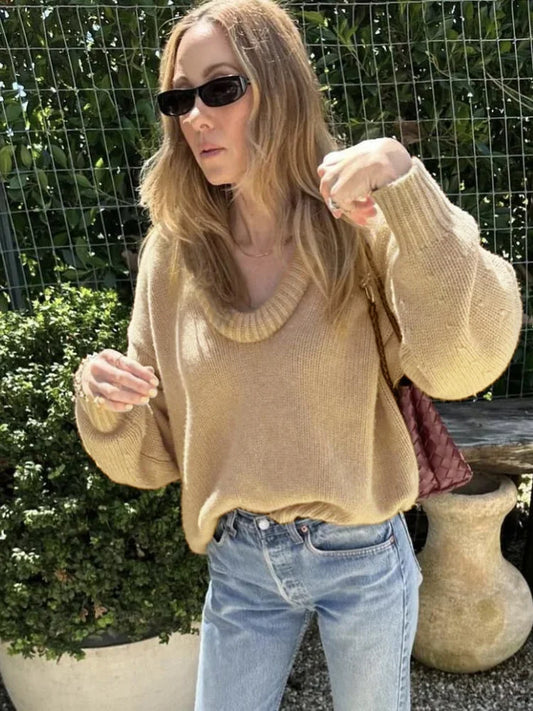 Autumn Knit Sweater Pullover Loose Female Casual Patchwork Scoop Neck Striped Long Sleeve Knitwear Women Y2k Top Pullover