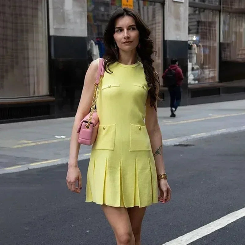 Vestido mini de punto con pliegues de moda para mujer, elegante, sin mangas, con bolsillo, chaleco, vestido de cintura alta, para fiestas de verano