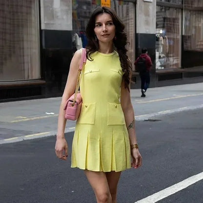 Vestido mini de punto con pliegues de moda para mujer, elegante, sin mangas, con bolsillo, chaleco, vestido de cintura alta, para fiestas de verano