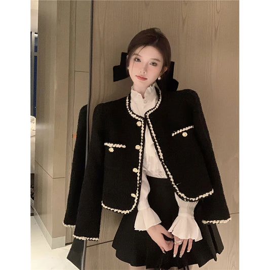 Chaquetas de tweed vintage para mujer, elegante abrigo negro corto, blazer coreano grueso, abrigo corto de un solo pecho, tops nuevos