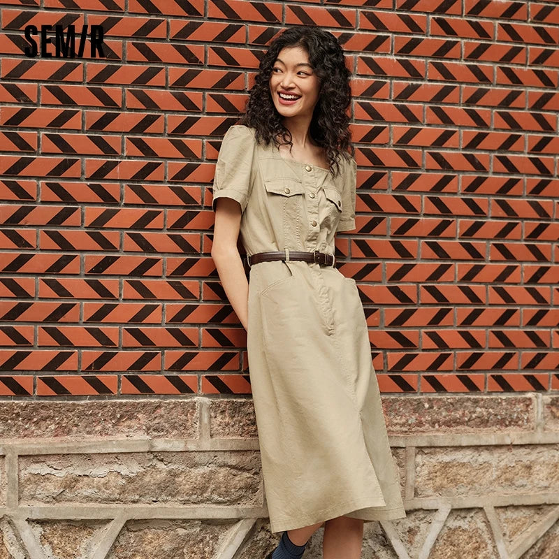 Vestido de verano para mujer, con escote cuadrado y abertura, estilo utilitario lavado con sal y aires vintage.