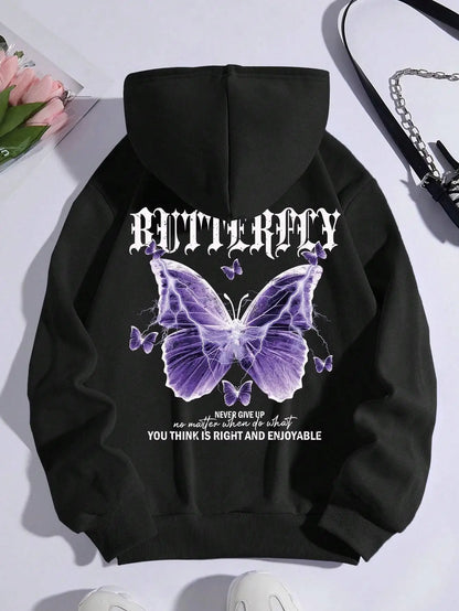 Hermosa sudadera con estampado de mariposa morada para mujer, sudadera con bolsillo de forro polar, sudadera informal sencilla, ropa de calle holgada de otoño para mujer