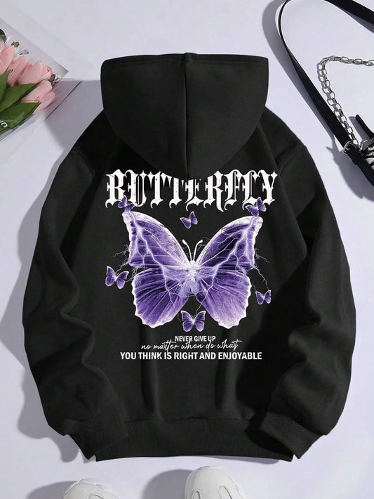 Hermosa sudadera con estampado de mariposa morada para mujer, sudadera con bolsillo de forro polar, sudadera informal sencilla, ropa de calle holgada de otoño para mujer