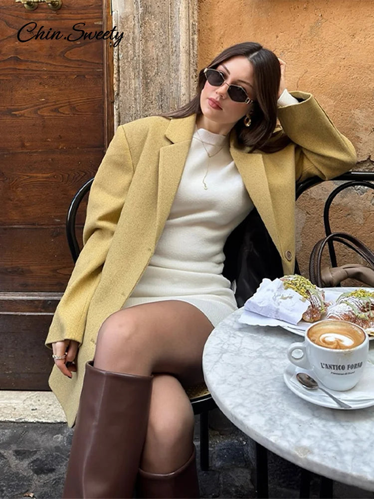 Elegante blazer amarillo para mujer, chaqueta de traje de manga larga con solapa holgada y botonadura sencilla, primavera 2025, prendas de vestir exteriores para dama de calle alta