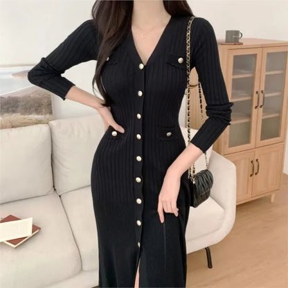 Vestidos de punto elegantes coreanos para mujer, cuello en V, manga larga, ajustados, ajustados, con volantes, vestido de fiesta informal, otoño e invierno, nuevos vestidos