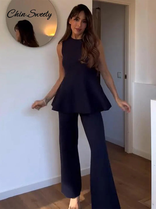 Conjunto elegante de dos piezas de pantalón de punto con cuello redondo, sin mangas, con volantes en los bajos, cintura alta, elástico, para dama, nuevo en trajes a juego.