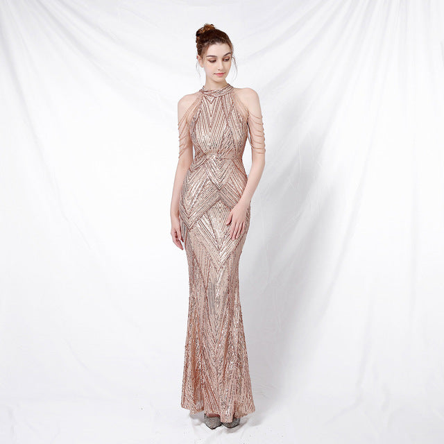 Vestido de noche elegante con cuello halter y lentejuelas, falda a la cadera con borlas de cristal, sin mangas, liso, con decoración de diamantes de imitación, vestido largo para mujer