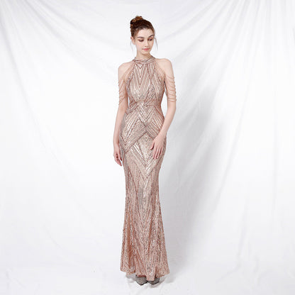 Vestido de noche elegante con cuello halter y lentejuelas, falda a la cadera con borlas de cristal, sin mangas, liso, con decoración de diamantes de imitación, vestido largo para mujer
