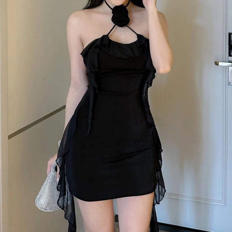 Summer Dress Women y2k Clothes Solid Color Sleeveless Backless Ruffled Tassel Mini Dress with 3D Flower Party Dresses
