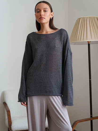 Knitted Round Neck Hollow Pullover Top Women’s Summer Fashion Casual Loose Pullover Long Sleeve Streetwear Top Pullover