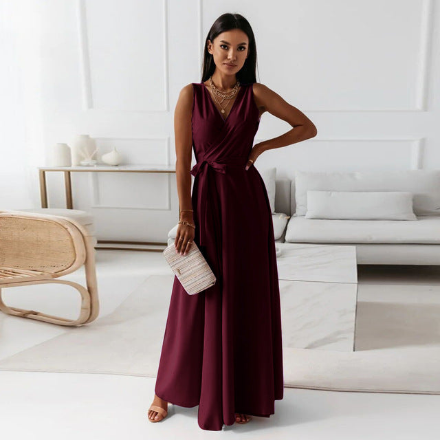 2025 Dresses For Women White Sleeveless Sexy Loose V Neck Solid Color Long Dresses Elegant Party Evening Robe Vestidos