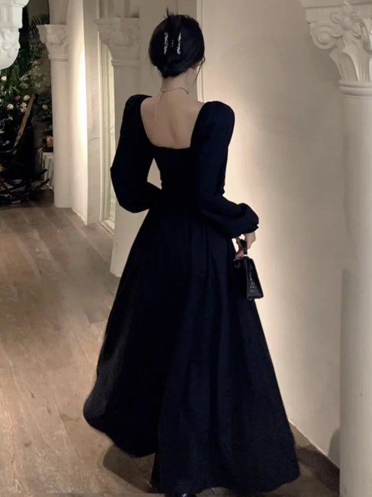 Elegante vestido negro largo para mujer, manga larga, cuello cuadrado, abertura alta, vestido de fiesta de noche, vestido de graduación, vestidos para mujer