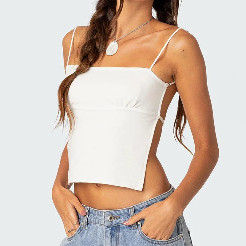 Primavera/verano nuevo Spice Girl chaleco pequeño color sólido sexy cuello halter con top halter en el pecho