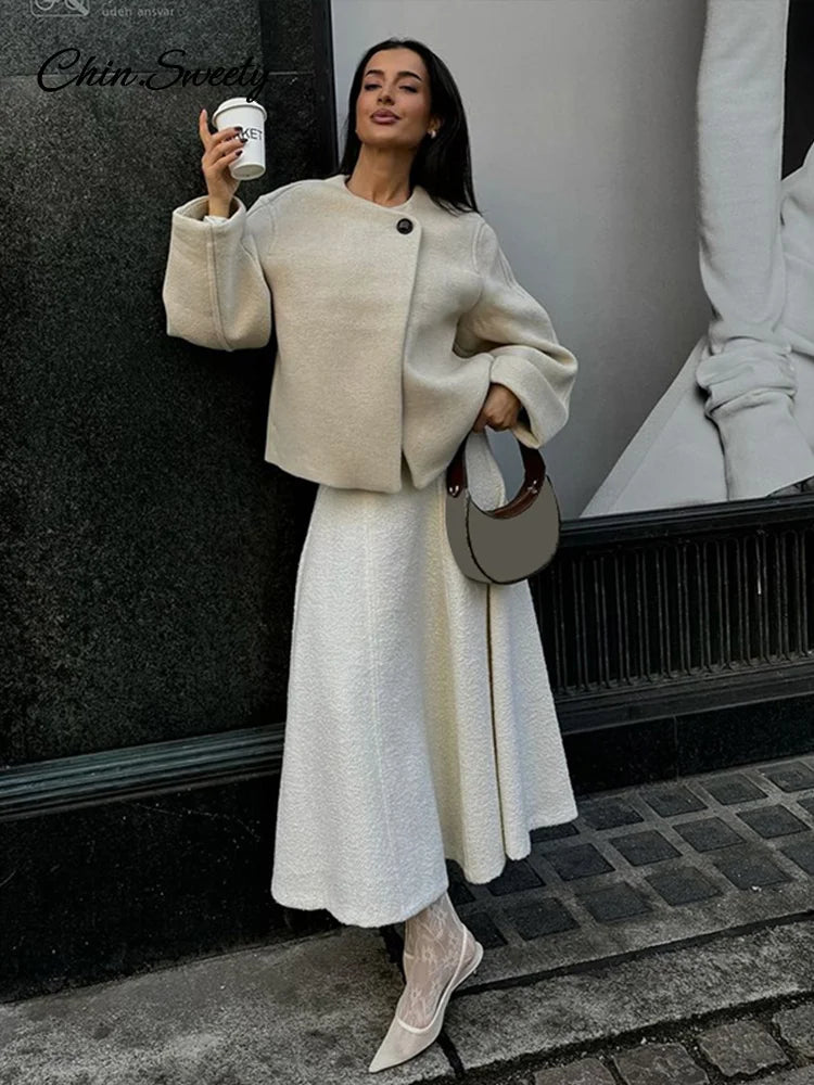 Chaqueta elegante de mezcla de lana lisa para mujer, abrigo de manga larga con botones y cuello redondo, ropa de abrigo cálida para otoño e invierno.