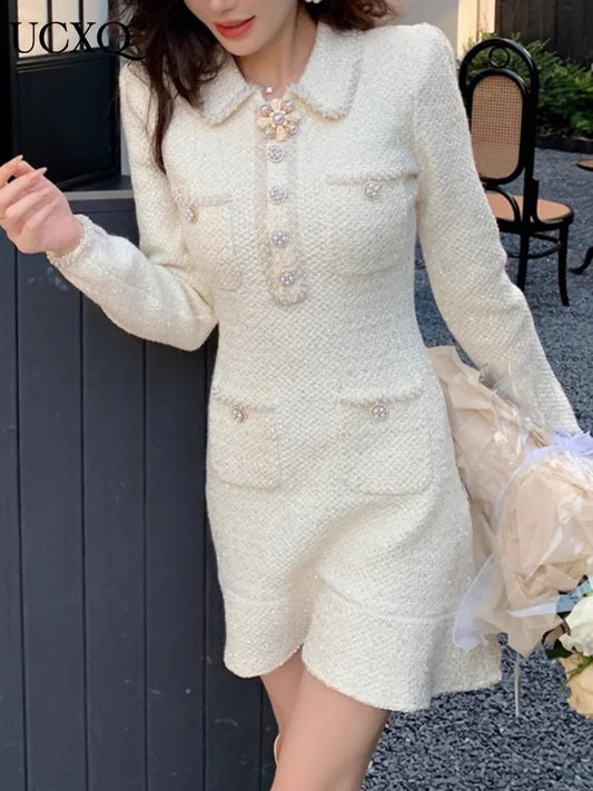 Elegante vestido corto estilo europeo de tweed con solapa y botones de cuentas, manga larga, moda para mujer, primavera-verano 2025 (9896)