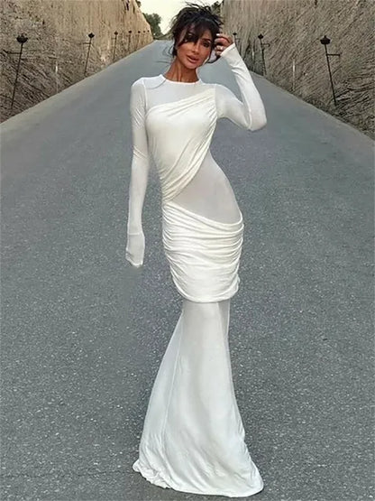Fashion Mesh Patchwork Maxi Dress Women’s Pleated Skinny High Waist Slim See-Through Solid Party Dress Female Long Dress