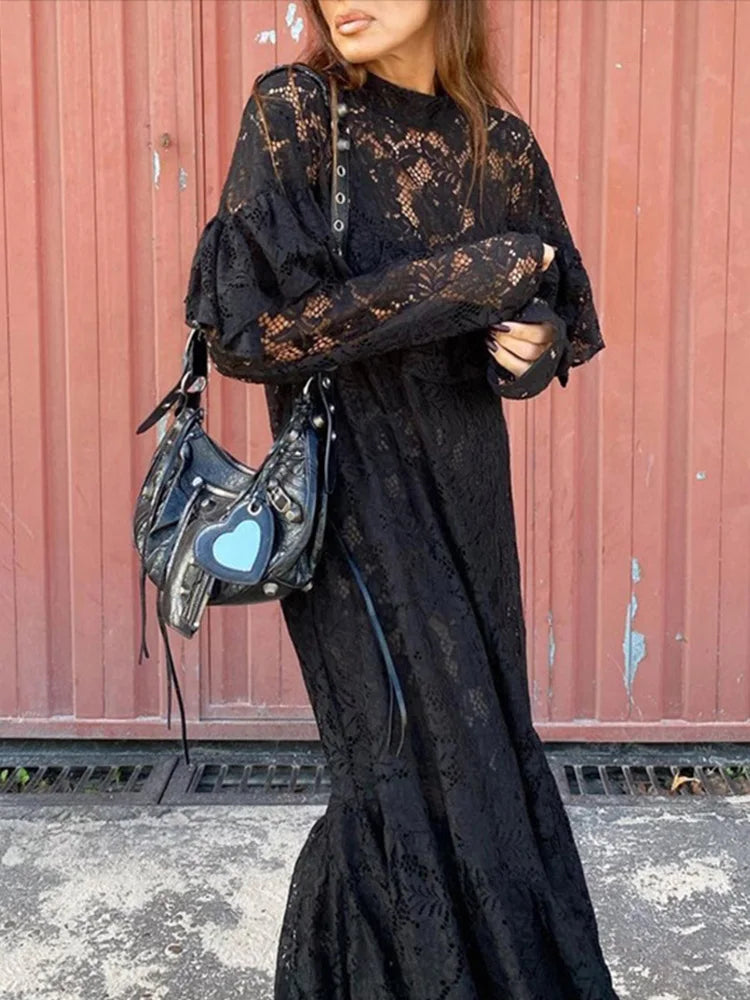 Vestidos largos sexis de encaje calado con forro tipo A para mujer, estilo vintage, holgados, con perspectiva y cuello redondo, negros, elegantes y chic para fiestas callejeras.