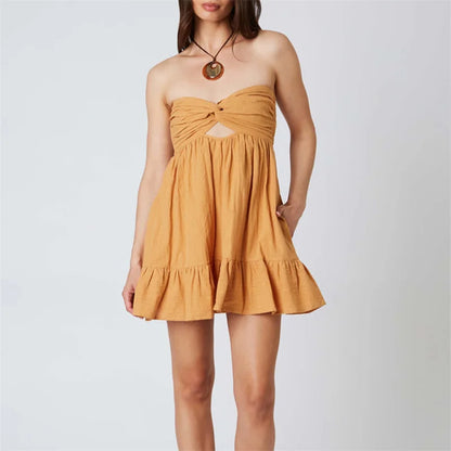 Vestido sin tirantes Y2K para mujer, color liso, hombros descubiertos, sin mangas, con dobladillo con volantes y bolsillos, para fiesta en la playa.