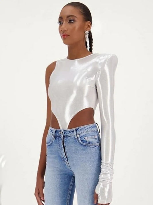 Shoulder Pads Metallic Asymmetrical Sexy Bodysuit Casual Playsuit Soild Splicing Lady Jumpsuit Slim Fit O-Neck Streetwear Tops