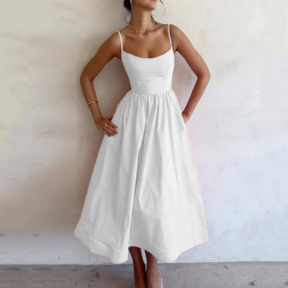 Vestido maxi sexy de corte A con tirantes finos, liso, para mujer, corte bajo, sin mangas, falda grande, vestido de verano, nueva moda, elegante, para fiesta