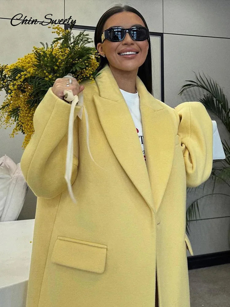 Abrigo largo de lana de moda para mujer, otoño, manga larga, botones, bolsillo falso, amarillo dividido, abrigo elegante de gran tamaño, nuevo en prendas de vestir exteriores