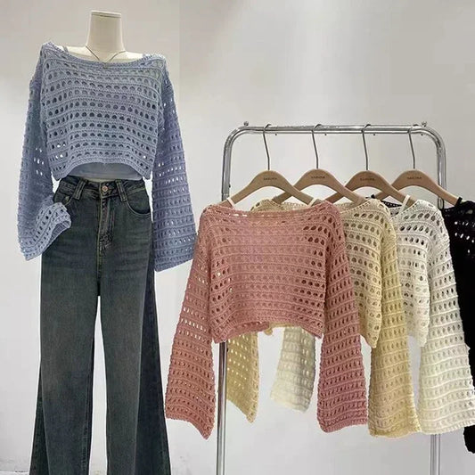 Camiseta vintage hueca, suéter de punto informal, camiseta holgada Y2K, suéter fino de cuello redondo, jerséis de otoño, ropa de calle de moda