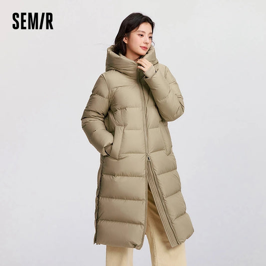 Chaqueta de plumón para mujer, larga, con capucha, abertura, holgada, nueva, impermeable, de invierno, de plumón de ganso.