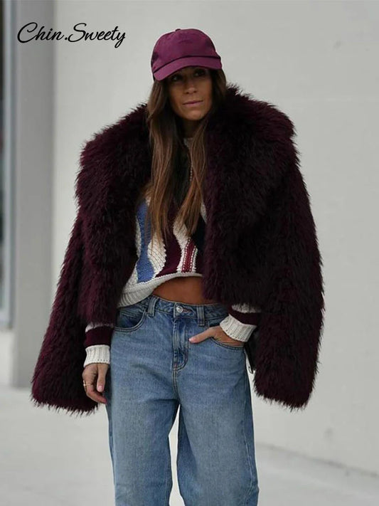 Abrigo de piel sintética para mujer, chaqueta corta holgada de manga larga con solapa esponjosa y color burdeos y rojo, ropa de calle de invierno para mujer
