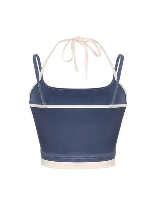 Camisola corta con cuello halter y cordones con parches en contraste para mujer, ropa de calle básica informal