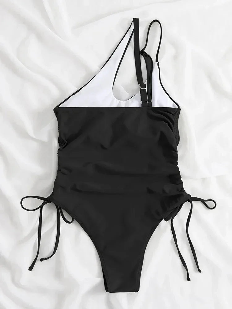 Women’s One Shoulder Swimsuit Tanga Bikini Set Two Piece Swimwear Solid Color Padded Bikini Top Bra Briefs Bottom Sexy