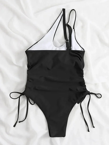 Women’s One Shoulder Swimsuit Tanga Bikini Set Two Piece Swimwear Solid Color Padded Bikini Top Bra Briefs Bottom Sexy
