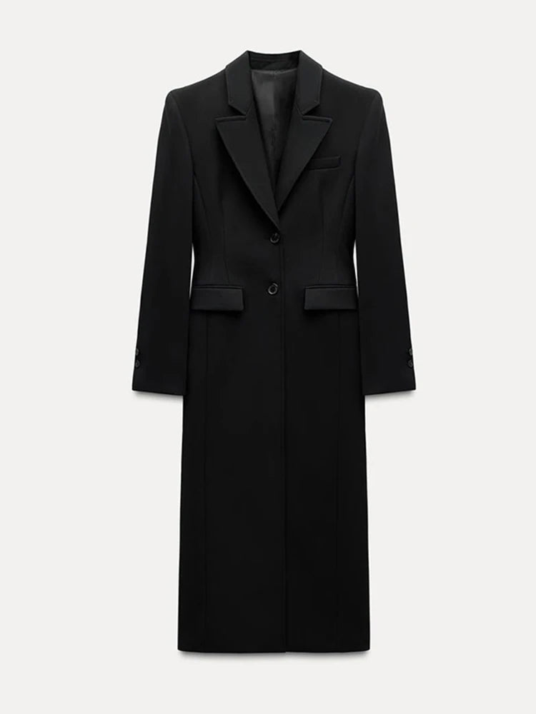 Vintage Lapel Black Long Overcoat Women Slim High Waist Full Sleeve Single Breasted Shoulder Pad Coat New Spring Commute Outwear