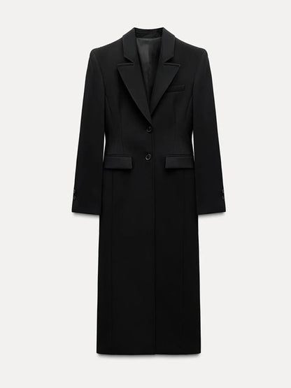 Vintage Lapel Black Long Overcoat Women Slim High Waist Full Sleeve Single Breasted Shoulder Pad Coat New Spring Commute Outwear