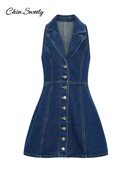 Vestido corto vaquero sexy de corte A con escote en V profundo, sin mangas, de una sola botonadura, de cintura alta, estilo urbano vintage ajustado de verano 2025