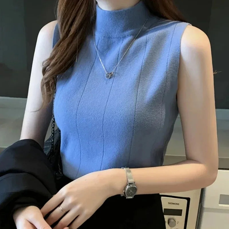 Blusas de moda coreana para mujer, blusas de primavera y verano para mujer, ropa informal sin mangas, blusas lisas para mujer, blusas elásticas de punto