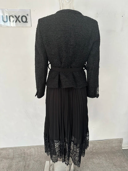 Vintage Beading Buttons O-neck Black Dress With Belt Summer  Women Evening Dresses Ladies Wedding Party Clothes Tide
